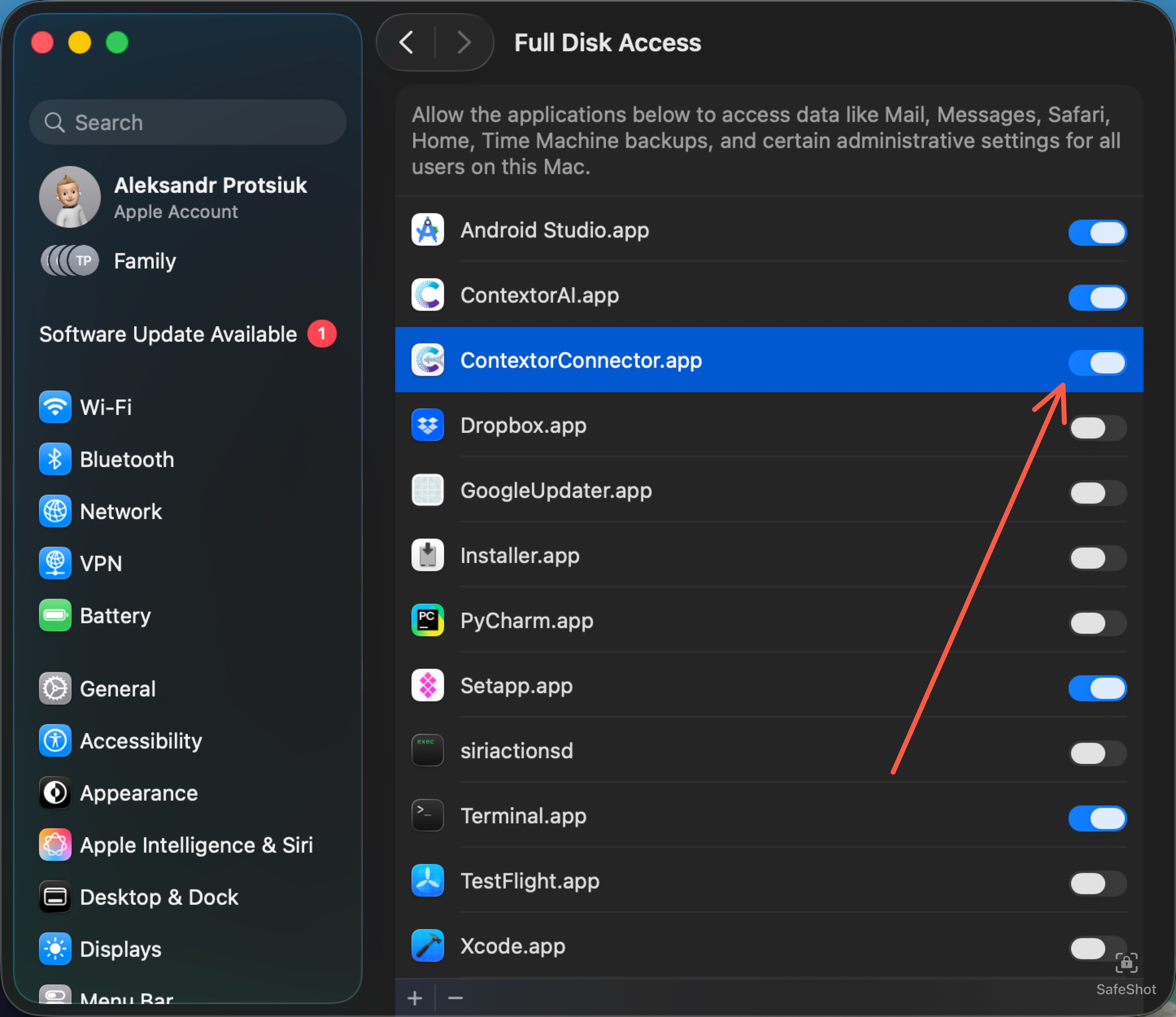 Enable Full Disk Access in System Settings